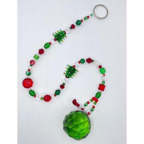 Beaded Christmas Tree Suncatcher Red Green Crystal Prism Hanging Decor - Picture 3 of 10